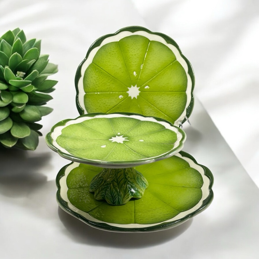 Vintage Lenwile Ardalt Lime Slice Pedestal Dessert Plate + Two Serving P…